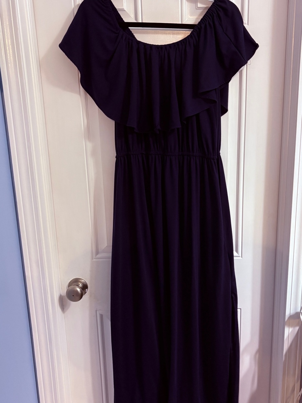 Women’s Navy Off-Shoulder Ruffle Maxi Dress with Pockets